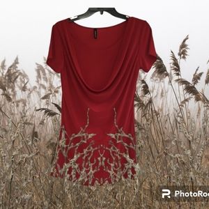 Red Short Sleeve Scoop Neck Pullover Blouse